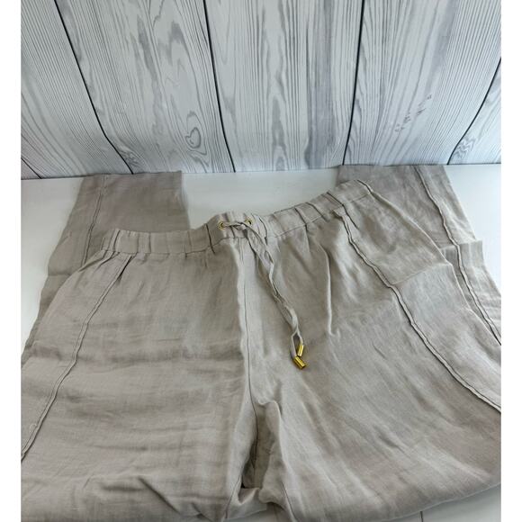 Ellen Tracy Womens 100% Linen Beige Tan Pull On Crop Pants Straight Large - Picture 1 of 8